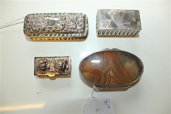 Silver-mounted agate box, two silver pin boxes & another box (faults)